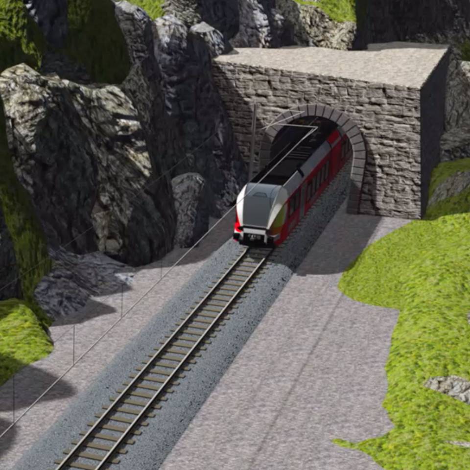 Virtuelle Landschaft Zug fährt aus Tunnel