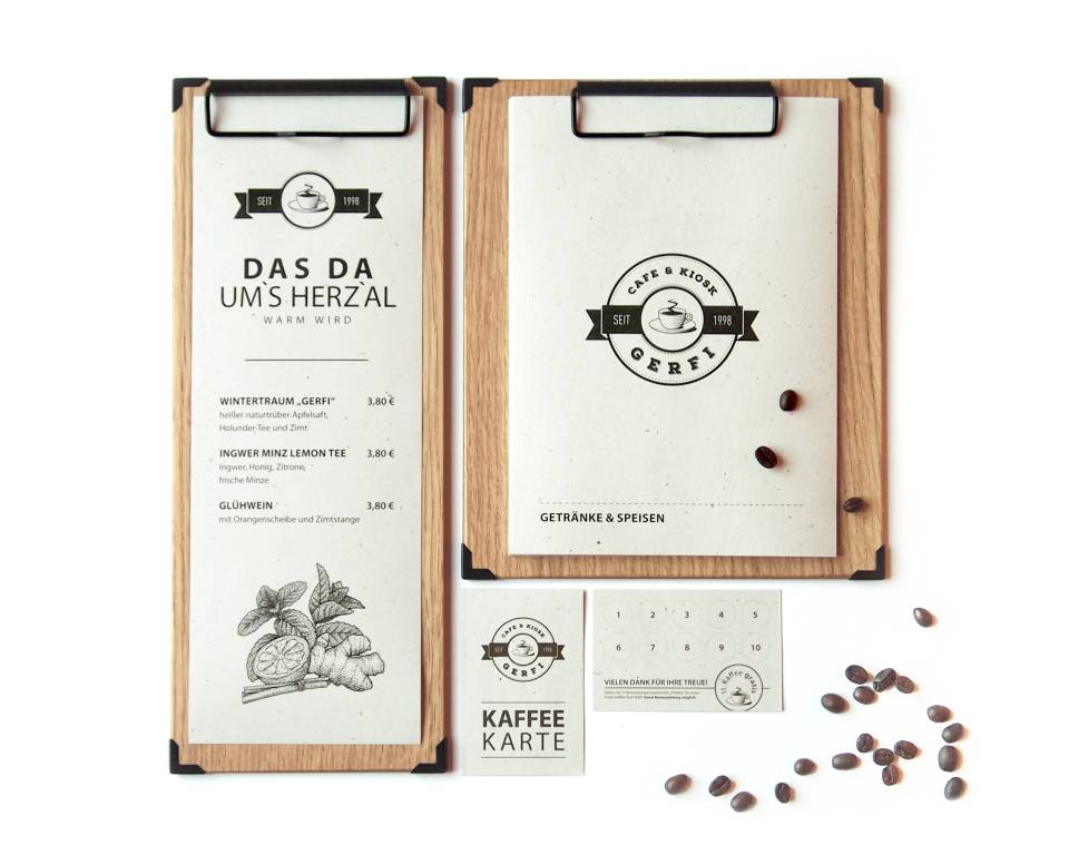 Ein neues Design für die Getränke- und Speisekarten Getränke- und Speisekarte des Café Gerfi