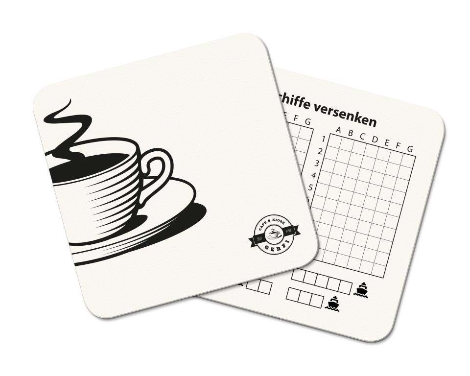 Neue Gestaltung von Bierdeckeln Schiffe versenken und Darstellung einer Kaffeetasse auf Untersetzern
