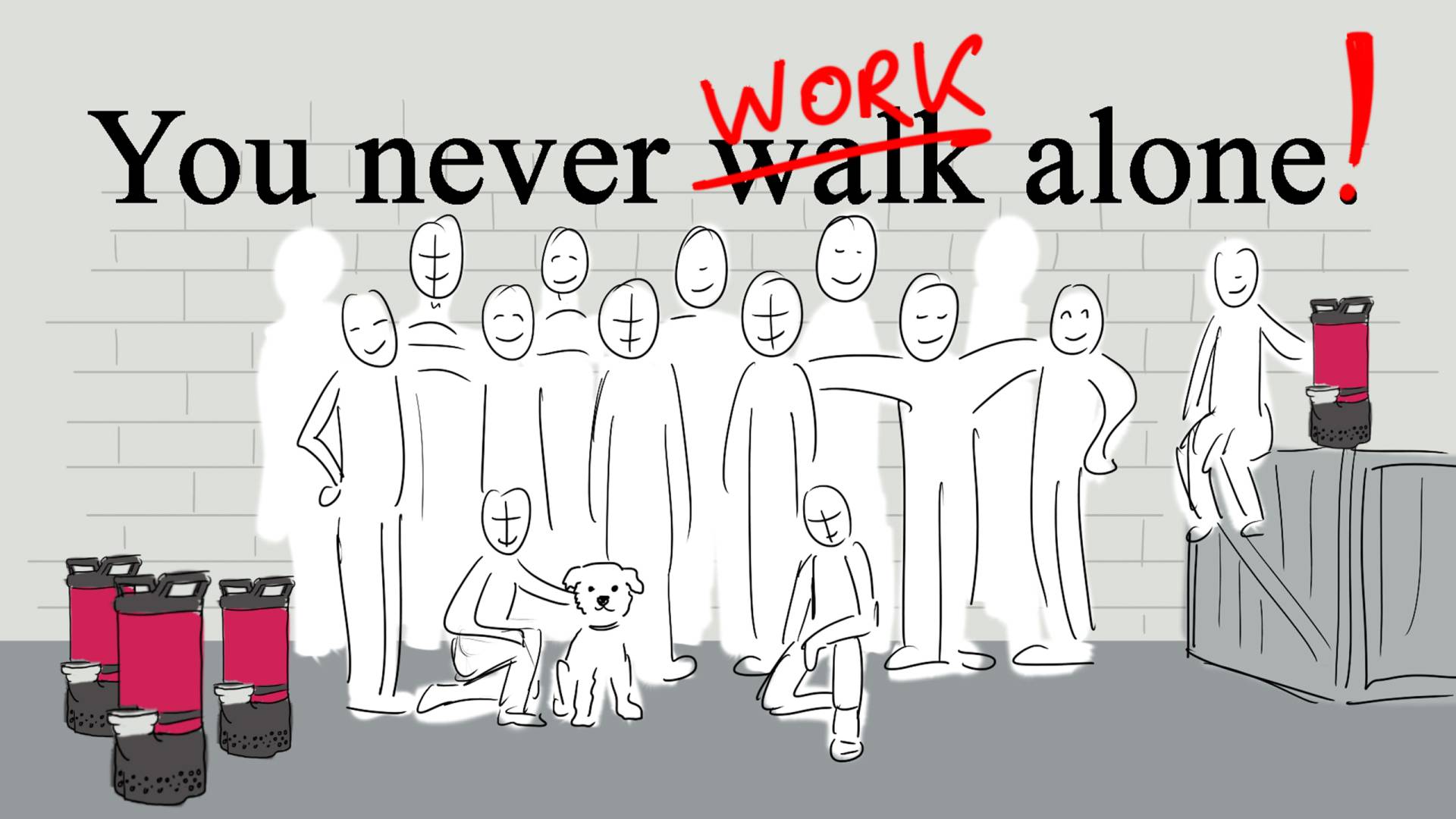 Sketch of employees and the Söndgerath slogan