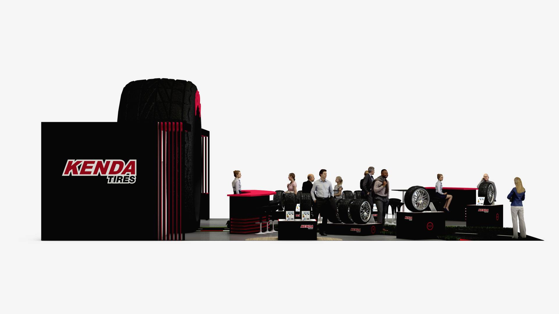 Design of the KENDA stand from the side with the KENDA logo in focus