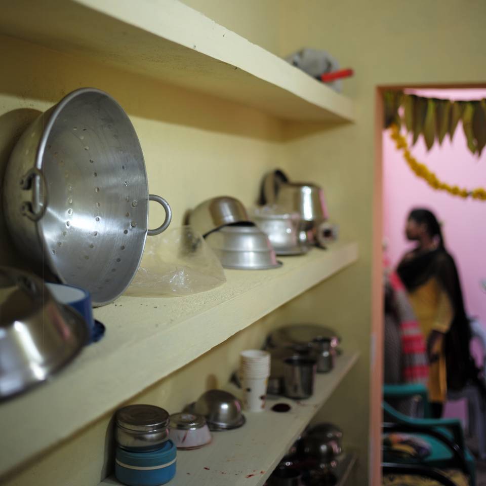 Shelves with kitchen utensils