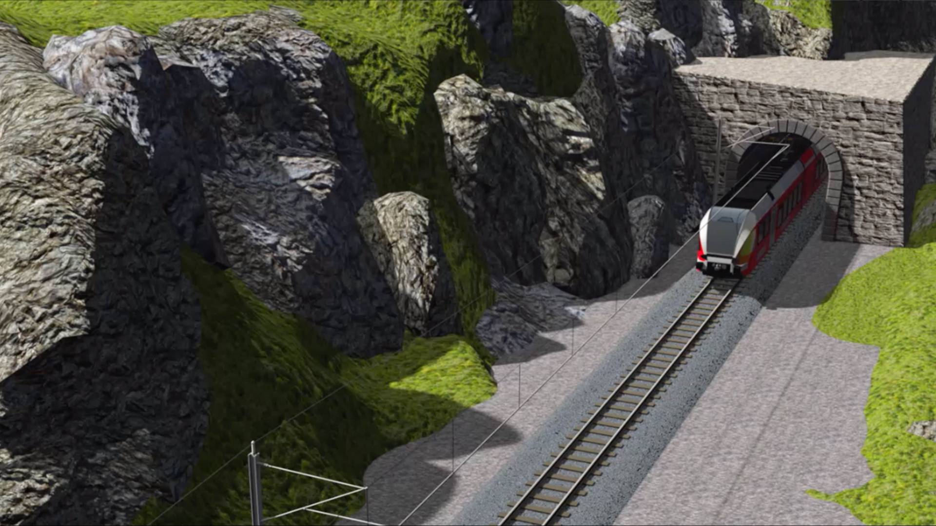 VR-Landschaft Zug fährt aus Tunnel