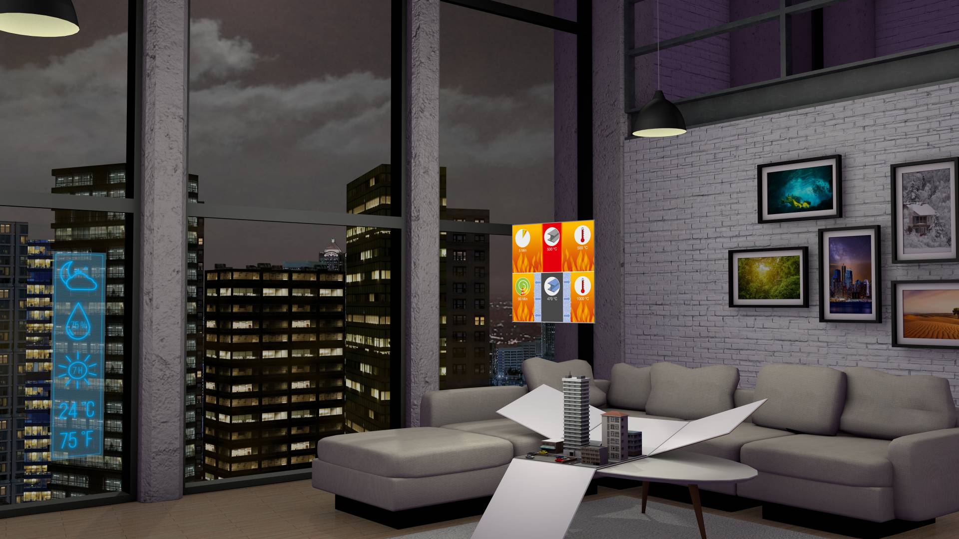 Virtual living room with a view of a metropolis
