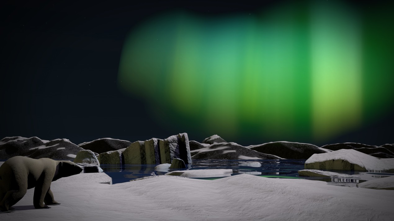 Virtual winter landscape with northern lights