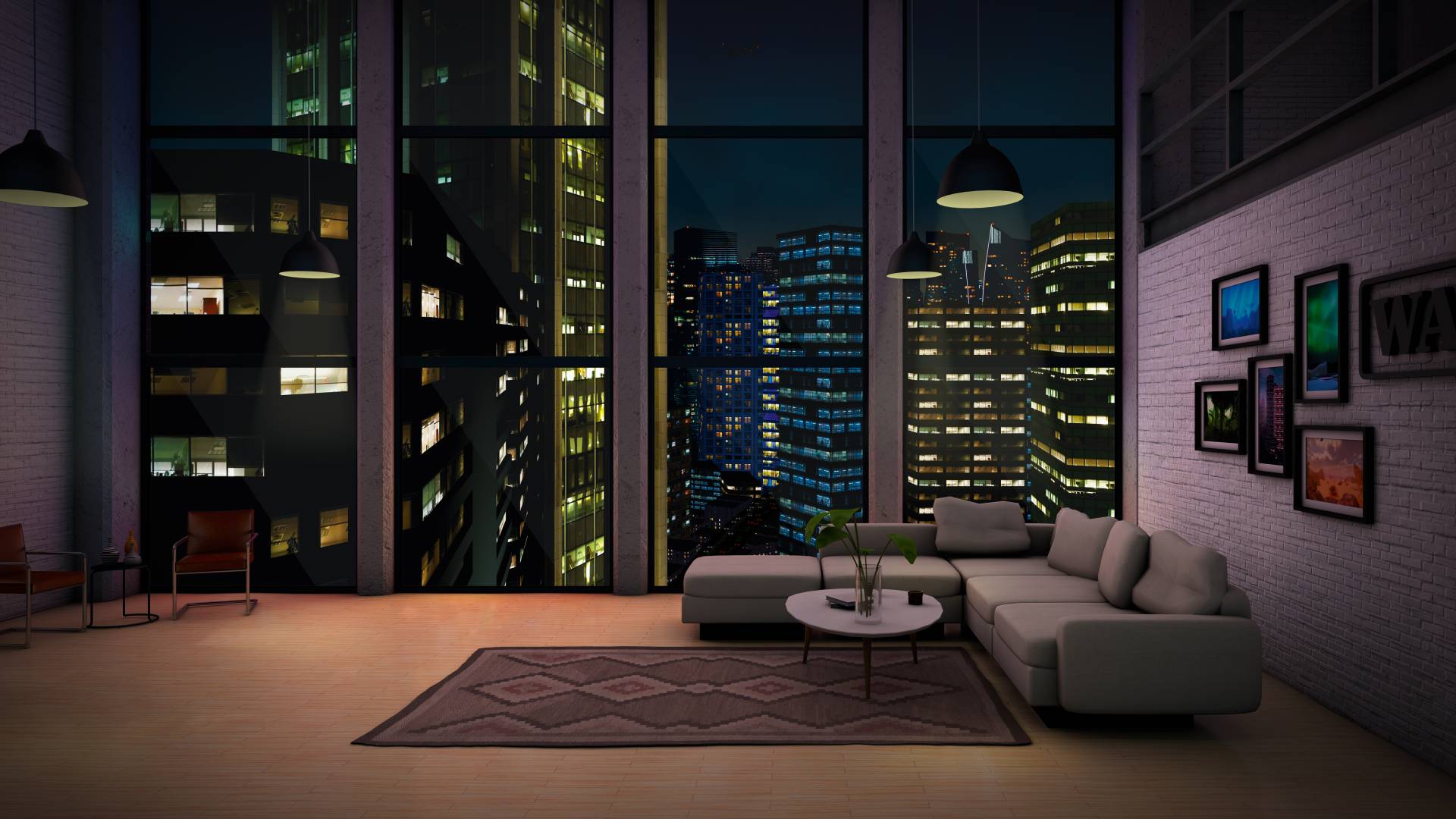 Virtual living room with a view of a megacity at night